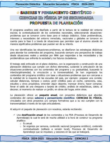 Documento de planificación de la educación secundaria, que incluye 'Física 2º Grado' para el curso escolar 2024-2025. Describe el enfoque analítico y propone la contextualización del plan de estudios basado en problemas del mundo real y los intereses de los estudiantes para facilitar el aprendizaje significativo.