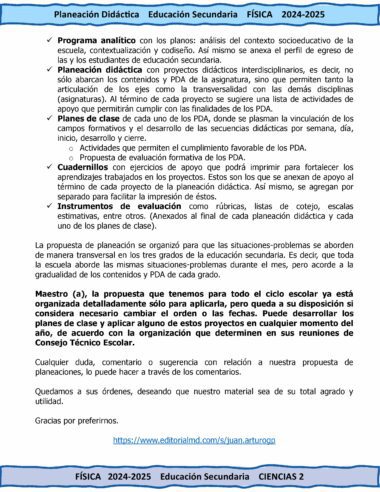 Un documento titulado "Planeación Didáctica, Educación Secundaria, FÍSICA, 2024-2025" contiene secciones sobre análisis de programas, planificación didáctica y planes de evaluación. El texto está en español e incluye varias viñetas resaltadas en azul claro y marcas de verificación azules.