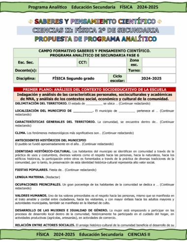 Propuesta de programa académico para un currículo escolar analítico denominado "Saberes y Pensamiento Científico" para la Física en el segundo año de educación secundaria, 2024-2025. Incluye un plan detallado para analizar el contexto socioeducativo del centro.