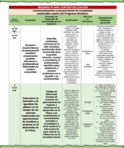 Documento que detalla un programa de física de secundaria para el año académico 2024-2025. Incluye secciones sobre actividades semanales, procesos de aprendizaje, justificaciones y orientaciones didácticas. Se hace hincapié en el pensamiento científico, la resolución de problemas y las cuestiones comunitarias.