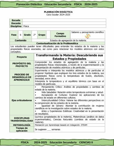 Un documento educativo codificado por colores describe un plan de lecciones de física para estudiantes de sexto grado de secundaria en el año académico 2024-2025. El documento detalla objetivos, procesos experimentales, temas vinculados y criterios de evaluación relacionados con estados de la materia y propiedades.
