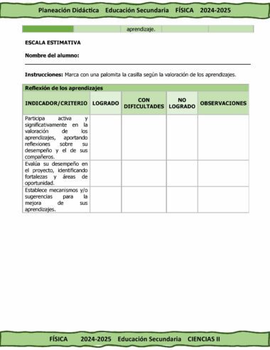 Un formulario denominado “Planificación Didáctica Educación Secundaria FÍSICA 2024-2025” para evaluar los logros de aprendizaje. Tiene secciones para indicadores/criterios con columnas de logrado, con dificultades, no logrado y observaciones.