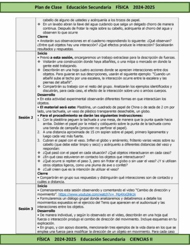 Una captura de pantalla de un plan de lecciones de física de secundaria española para el año académico 2024-2025. Describe objetivos, actividades y evaluaciones para dos sesiones. Hay cuadros con texto que detalla las interacciones científicas y las tareas propuestas para los estudiantes.