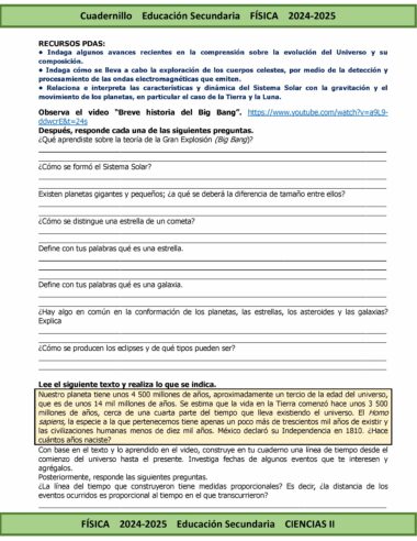 Una hoja de trabajo titulada "Cuadernillo Educación Secundaria Física 2024-2025". Incluye preguntas sobre el Sistema Solar, la gravedad, el movimiento de los planetas y la teoría del Big Bang. Hay una URL a un video y una sección donde se pide a los estudiantes que respondan preguntas basadas en observaciones del video.