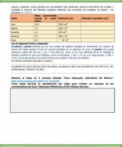 La página de un libro de texto incluye una tabla con información sobre los cuerpos planetarios. La tabla tiene las columnas: color, masa aproximada (en veces la masa solar), diámetro (km) y diámetro escalado (cm). Debajo de la tabla, hay un problema escrito sobre la unidad de pársec.