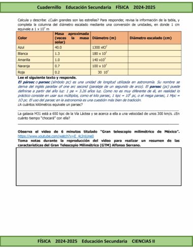 La página de un libro de texto incluye una tabla con información sobre los cuerpos planetarios. La tabla tiene las columnas: color, masa aproximada (en veces la masa solar), diámetro (km) y diámetro escalado (cm). Debajo de la tabla, hay un problema escrito sobre la unidad de pársec.