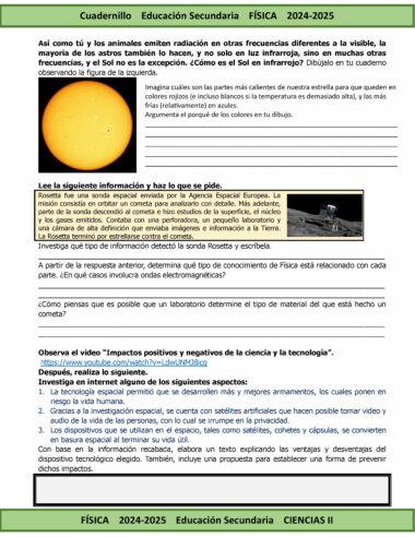 Una hoja de trabajo titulada "Cuadernillo Educación Secundaria Física 2024-2025" presenta dos secciones: una sobre el espectro electromagnético con una imagen del sol y otra que destaca la misión espacial Rosetta con una imagen de la nave espacial Rosetta. Se proporciona información textual y preguntas.