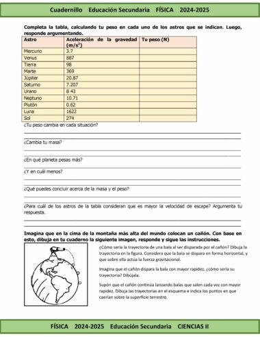 Una hoja de trabajo titulada "Cuadernillo Educación Secundaria FÍSICA 2024-2025". Presenta una tabla para calcular el peso de diferentes cuerpos celestes con columnas para "Astro", "Aceleración de la gravedad" y "Tu peso (N)". Incluye preguntas de reflexión y un escenario de ciclismo de montaña.