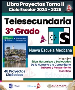Portada de un libro de texto de 3.º grado de Telesecundaria para el año escolar 2024-2025. Presenta una imagen de un paisaje urbano, íconos y menciona materias como Ética, Ciencias y Lenguaje. Incluye "48 Proyectos Didácticos" y los logotipos de Microsoft Word y del departamento de educación.