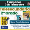 Gráfico promocional para el 3er Trimestre de los Exámenes de 2.º de Telesecundaria NEM (2025-2026), con libro e íconos. Destaca el formato Word editable, opción múltiple, clave de respuestas, generador de calificaciones de Excel y "Nueva Escuela Mexicana".