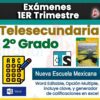 Gráfica promocional para Exámenes 2° de Telesecundaria NEM (2025-2026) 1er Trimestre, con íconos para opción múltiple, archivos Word, portada del libro de texto y texto en formatos editables además de herramientas de calificación NEM en Excel.