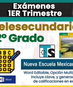 Gráfica promocional para Exámenes 2° de Telesecundaria NEM (2025-2026) 1er Trimestre, con íconos para opción múltiple, archivos Word, portada del libro de texto y texto en formatos editables además de herramientas de calificación NEM en Excel.
