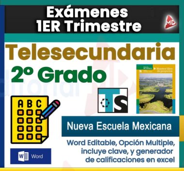 Gráfica promocional para Exámenes 2° de Telesecundaria NEM (2025-2026) 1er Trimestre, con íconos para opción múltiple, archivos Word, portada del libro de texto y texto en formatos editables además de herramientas de calificación NEM en Excel.