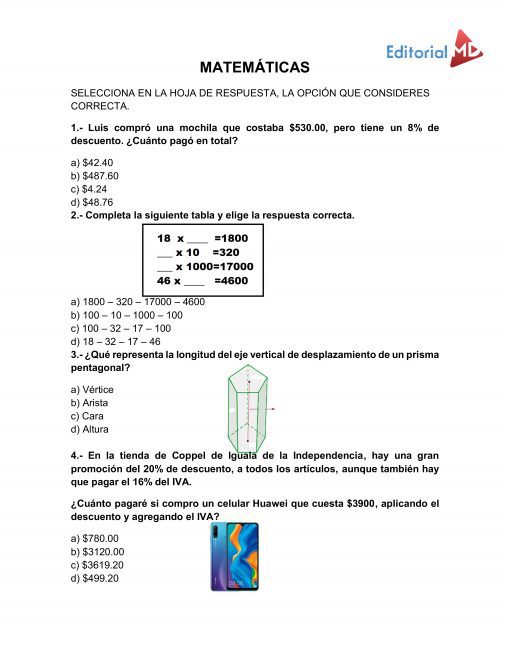 Una página de un libro de ejercicios de matemáticas que presenta una sección de problemas y una sección de opciones de respuesta, que incluye consejos para calcular descuentos y una pregunta de opción múltiple diseñada para el Examen diagnóstico de SEXTO de Primaria 2021-2022.