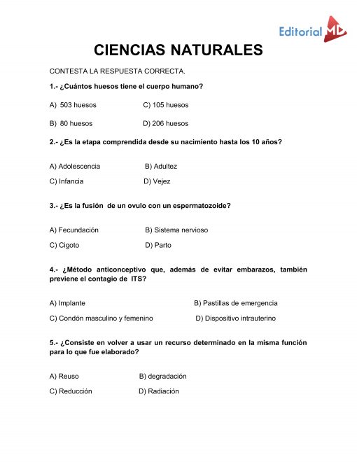 Imagen que muestra una hoja de trabajo en español titulada "Examen diagnóstico de SEXTO de Primaria 2021-2022" de Editorial MD, que presenta cinco preguntas de opción múltiple relacionadas con temas de biología y salud.