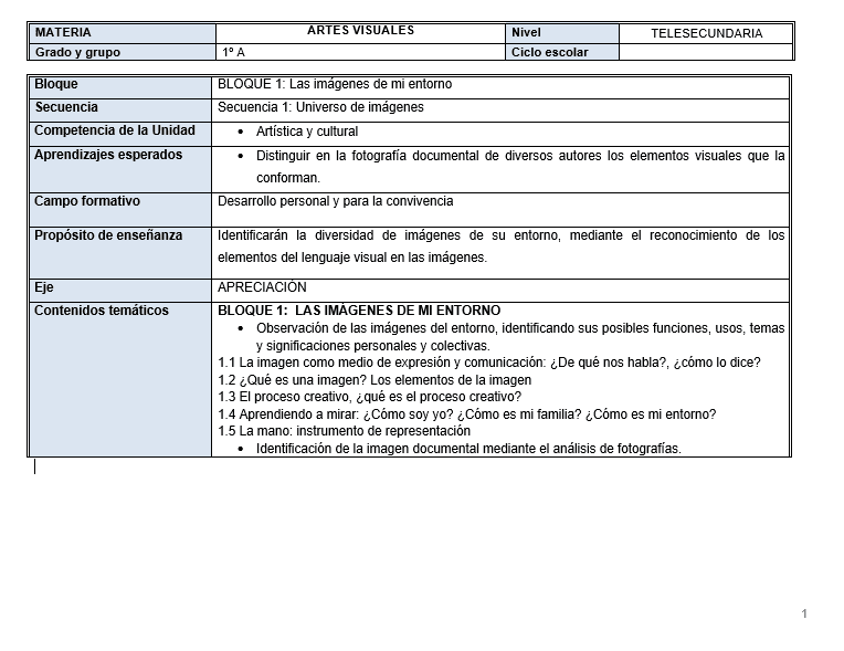 Planeacion de Artes Visuales Telesecundaria