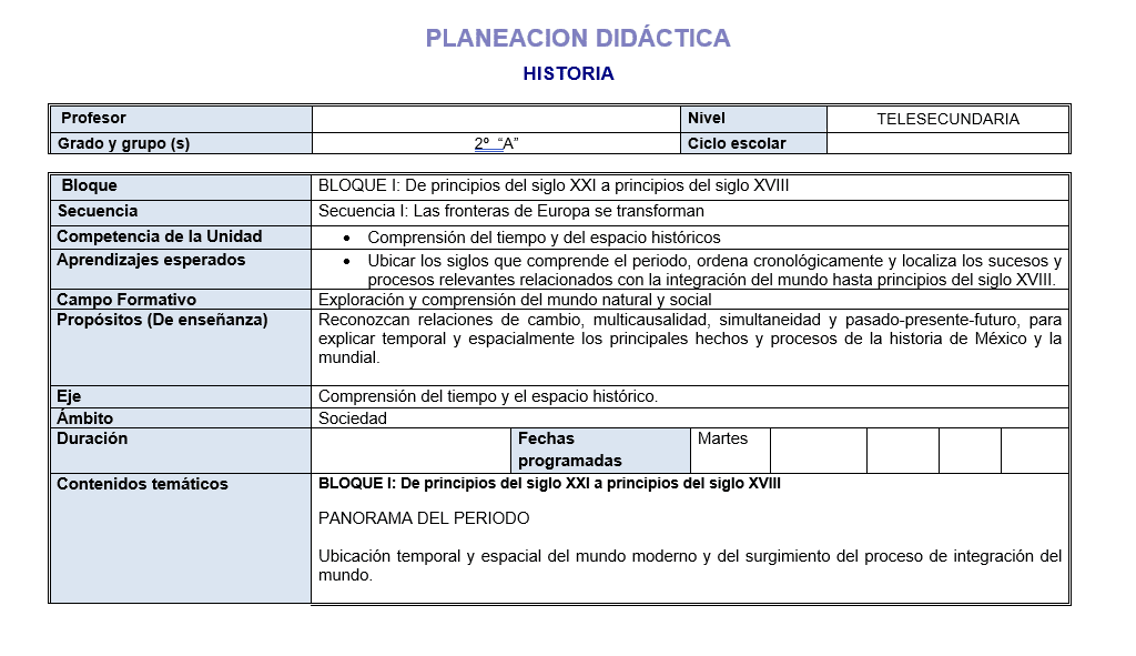 Planeacion de Historia Telesecundaria