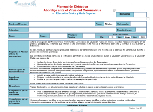 Planeación Didáctica Abordaje ante el COVID - 19 (Coronavirus)
