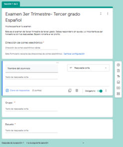 Captura de pantalla de un examen interactivo en los formularios de Google para las clases virtuales. Plantilla de 3er Grado ESPAÑOL usando Google Forms. Cuenta con múltiples secciones para ingresar preguntas y seleccionar tipos de respuestas, como opción múltiple y respuesta corta.