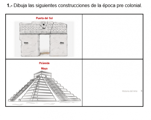 Cuadernillo Didáctico Artes Visuales 1 Trabajo en Casa con dos estructuras precoloniales: arriba, la "puerta del sol", representada como un portal de piedra, y debajo, una "pirámide maya", mostrada en un dibujo lineal detallado.
