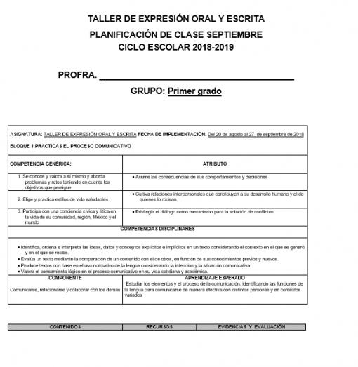 La imagen muestra un documento de planificación de aula en español titulado "Planeaciones de Taller Comprensión Oral y escrita 1" para un grupo de primer grado, que describe los objetivos, las actividades y los resultados esperados de un proyecto.