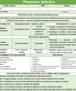 Cuadro con el marco educativo para el nivel preescolar, que incluye áreas como desarrollo del lenguaje y la comunicación, participación social y medidas de evaluación, detallado en formato de cuadrícula con encabezados verdes y amarillos. Este cuadro sirve como herramienta para la Planeación didáctica Mi nombre es importante en educación.