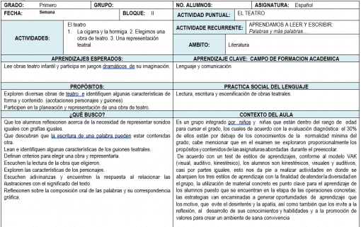 Una tabla en el documento del plan de enseñanza de Planeaciones de Primer Grado de Primaria 2022-2023 (Segundo Trimestre) que contiene varias columnas que detallan el grado, el grupo, el número de estudiantes, la materia, la fecha semanal, los temas del bloque, las actividades de aprendizaje, los resultados esperados, las habilidades clave y los aspectos educativos. ambiente.