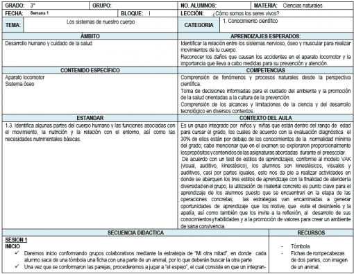 La imagen muestra una página escaneada de Planeaciones de Tercer Grado de Primaria 2021-2022 (Primer Trimestre), que detalla el tema de la lección, el contenido, las habilidades, los estándares, los objetivos, los métodos de enseñanza y los recursos para una clase centrada en el cuerpo humano y el ecosistema.