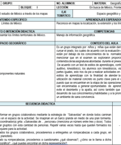 Un documento de planificación educativa en español para el año académico 2021-2022, que presenta tablas divididas en secciones sobre objetivos, contenidos, métodos de enseñanza, evaluación y competencias para una lección de geografía enfocada en los componentes naturales y límites de México. - Planeaciones de Cuarto Grado de Primaria 2021-2022 (Primer Trimestre)