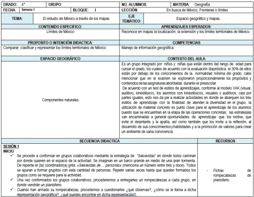 Un documento de planificación educativa en español para el año académico 2021-2022, que presenta tablas divididas en secciones sobre objetivos, contenidos, métodos de enseñanza, evaluación y competencias para una lección de geografía enfocada en los componentes naturales y límites de México. - Planeaciones de Cuarto Grado de Primaria 2021-2022 (Primer Trimestre)