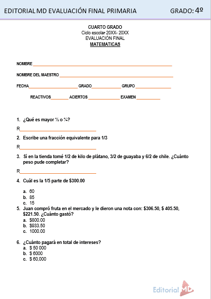 evaluacion final cuarto grado de primaria