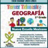 La imagen es un volante promocional del TERCER TRIMESTRE Programa Analítico GEOGRAFÍA Secundaria 1º (Ciclo Escolar 2023 – 2024). Incluye detalles sobre herramientas de contextualización, planificación y evaluación del trimestre.
