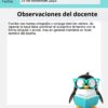 Una rúbrica para trabajos escritos de tercer grado, que muestra el nombre de un alumno y la fecha, con una observación del profesor sobre ortografía y conjugación de verbos. Un pingüino de dibujos animados con gafas sostiene un libro en la parte inferior.