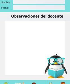 Colorida plantilla de rúbrica para tercer grado con espacios para el nombre, la fecha y las observaciones del profesor. Con un pingüino con gafas que sostiene un libro y animales de dibujos animados en el borde inferior.