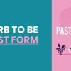 Gráfico que muestra a una persona corriendo a través de una lupa enfocada en las palabras "Verb to Be Past Form" sobre un fondo rosa y azul con VERB TO BE PASADO DIAPOSITIVAS.