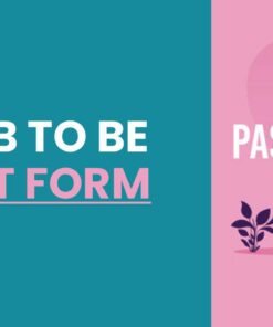 Gráfico que muestra a una persona corriendo a través de una lupa enfocada en las palabras "Verb to Be Past Form" sobre un fondo rosa y azul con VERB TO BE PASADO DIAPOSITIVAS.