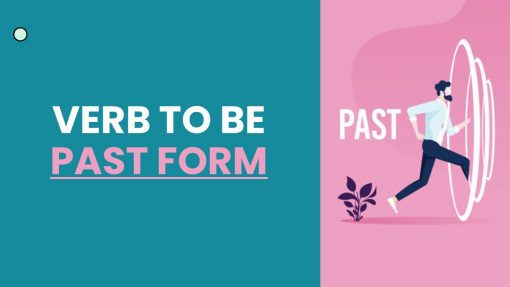 Gráfico que muestra a una persona corriendo a través de una lupa enfocada en las palabras "Verb to Be Past Form" sobre un fondo rosa y azul con VERB TO BE PASADO DIAPOSITIVAS.