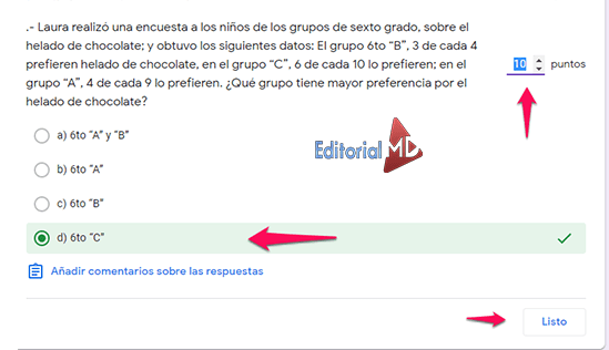 puntos de la respuesta correcta en classroom