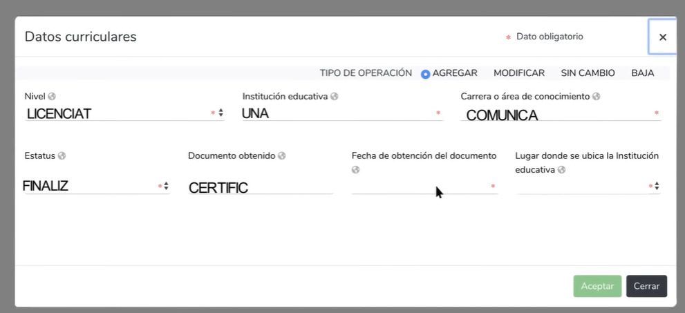 pestaña de datos curriculares del declarante