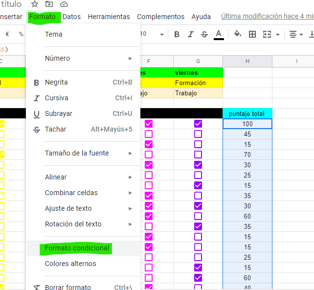 Formato y Formato condicional en google drive