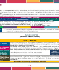 Planeación El Mercado para Preescolar: documento educativo en español con tablas y recuadros de colores, que presenta objetivos, justificación, criterios de evaluación y actividades sobre valores comunitarios e interacción social.