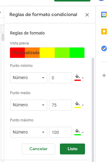 reglas de formato condicional en google drive