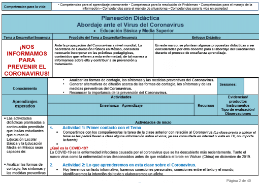 Planeación Didáctica Abordaje ante el COVID – 19 (Coronavirus) 01