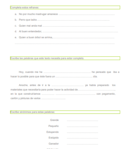 Una imagen escaneada de una página del Cuaderno de repaso de Expresión Escrita, que presenta ejercicios que incluyen completar palabras que faltan, escribir sinónimos para palabras determinadas y completar estribillos.