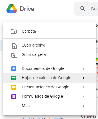 Paso 2 en Drive le damos clic en Nuevo. y después accedemos al apartado de "Hojas de calculo de Google"