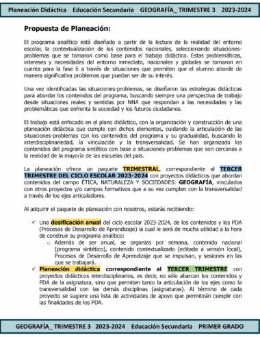 Captura de pantalla de un documento titulado "TERCER TRIMESTRE Programa Analítico GEOGRAFÍA Secundaria 1º (Ciclo Escolar 2023 – 2024)" que describe la propuesta de planificación para el Ciclo Escolar 2023 – 2024 en Secundaria GEOGRAFÍA. El texto detalla el enfoque adoptado para la planificación didáctica, con un enfoque en contextos de situaciones problemáticas que permiten una participación significativa de los estudiantes.
