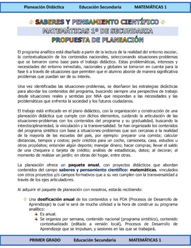 Documento en español titulado "Saberes y pensamiento científico, Matemáticas 1° de secundaria, Propuesta de planeación". Describe el enfoque para planificar la enseñanza de las matemáticas basándose en problemas y contextos de la vida real.