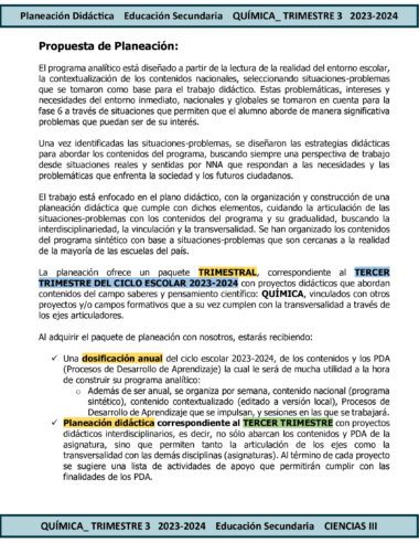 Un documento titulado "TERCER TRIMESTRE Programa Analítico CIENCIAS III QUÍMICA Secundaria 3º (Ciclo Escolar 2023 – 2024)". Detalla una propuesta que incluye la identificación de situaciones-problemas y estrategias didácticas para su abordaje.