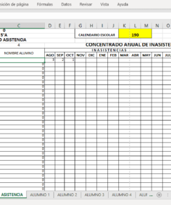Una captura de pantalla de un Generador De Informes De Evaluación en forma de hoja de cálculo Excel que rastrea la asistencia y las calificaciones de los estudiantes. Las columnas incluyen nombres de estudiantes, fechas y varios parámetros, destacados principalmente.