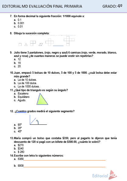 evaluacion final cuarto grado de primaria matemáticas